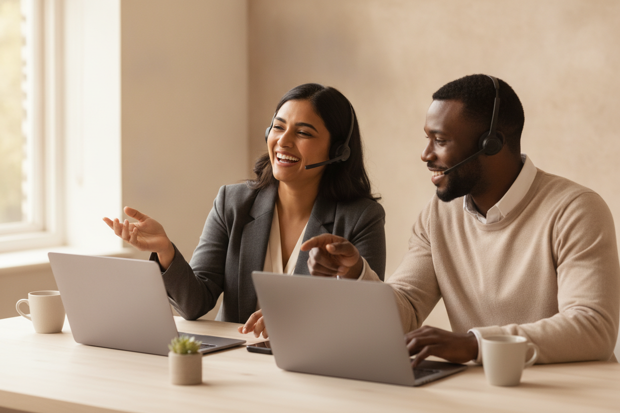 Two sales reps on headsets working a call together